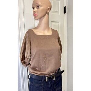 NWT BCBGMAXAZRIA Silk Blend Knit Top M Square Neck Puff Sleeve Taupe